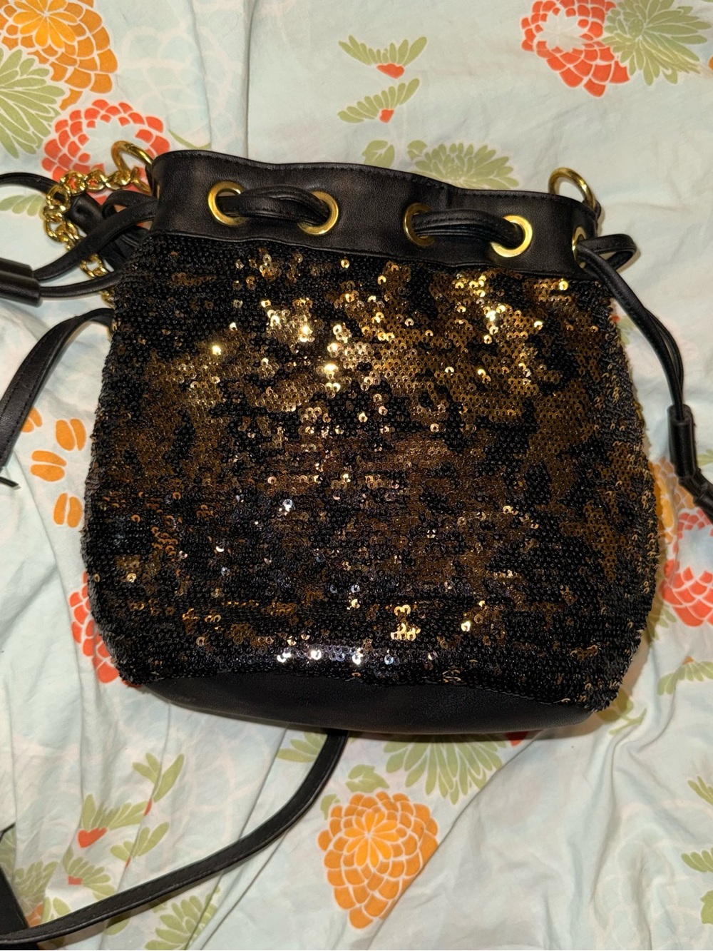 Black & Gold Sequin Drawstring Bucket Bag